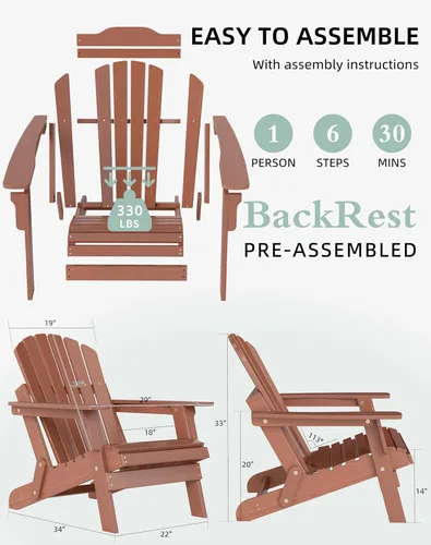 Miniatura 4 de Silla Adirondack plegable de madera de gran tamaño con respaldo y tablero de asiento premontados, silla de descanso para patio al aire libre, Marrón
