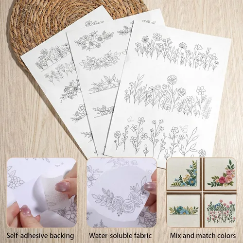 Miniatura 6 de 3 hojas de patrones de bordado estabilizador soluble en agua, 26 piezas de papel de bordado de palo y puntada, estabilizador de lavado de flores