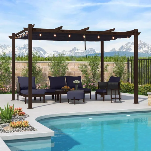 Miniatura 8 de PURPLE LEAF Pérgola Retráctil de 10' x 13' para Exteriores de Aluminio Blanco con Toldo de Sombra para Patio Refugio Moderno Marrón para Jardín