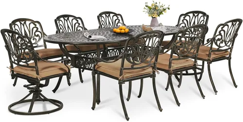 Miniatura 34 de Juego de comedor de patio de 9 piezas, mesa y sillas de patio al aire libre, mesa de comedor ovalada de aluminio fundido de 84 pulgadas con agujero