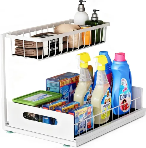 Organizador y almacenamiento debajo del fregadero, organizador de 2 niveles deslizante para gabinete, organizador de gabinete extraíble multiusos 1
