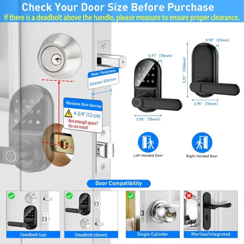 Miniatura 2 de Cerradura inteligente de puerta con teclado y asa, cerradura digital de entrada sin llave con huella dactilar con timbre incorporado para puerta
