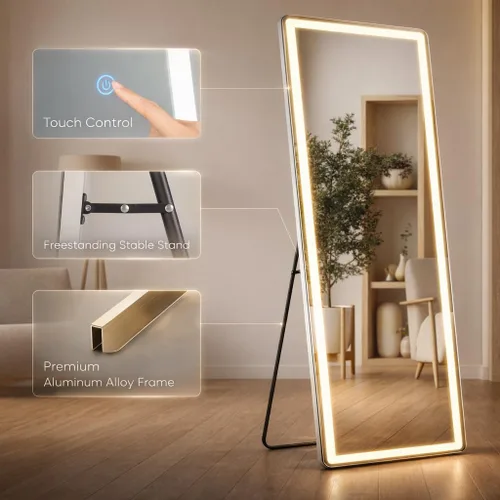 Miniatura 5 de Espejo arqueado de longitud completa de 71 x 26 pulgadas con luces LED, espejo de suelo con soporte, espejo de pared de longitud completa, espejo