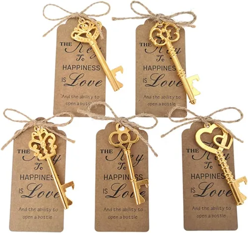 ALIMITOPIA 50 piezas de abrebotellas con llave de esqueleto, despedida de soltera, boda, fiesta, recuerdo, regalo con etiqueta de acompañante y