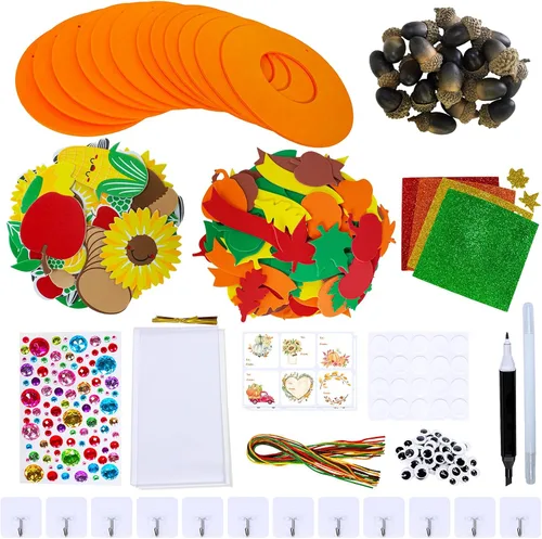 Miniatura 8 de Winlyn 12 juegos de carteles de corona de Acción de Gracias, decoraciones de arte, kits de manualidades de otoño, girasoles de espuma, hojas