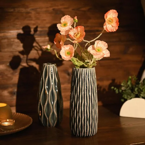 Miniatura 3 de VICTOR & TERESA Jarrón de cerámica para flores, juego de 2 jarrones azules decorativos de 10 pulgadas para decoración del hogar, jarrones de granja