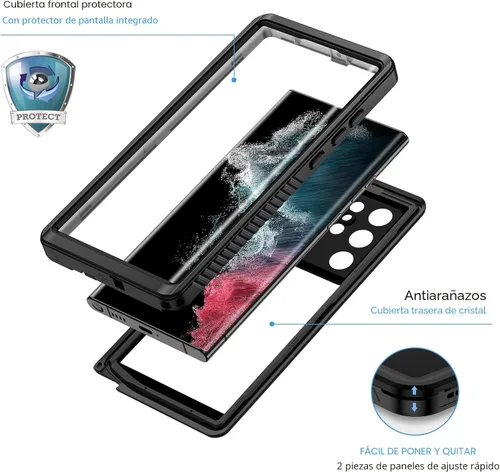 Miniatura 4 de Lanhiem Funda para Samsung Galaxy S22 Ultra, IP68 impermeable a prueba de polvo con protector de pantalla integrado, funda protectora de cuerpo Negro