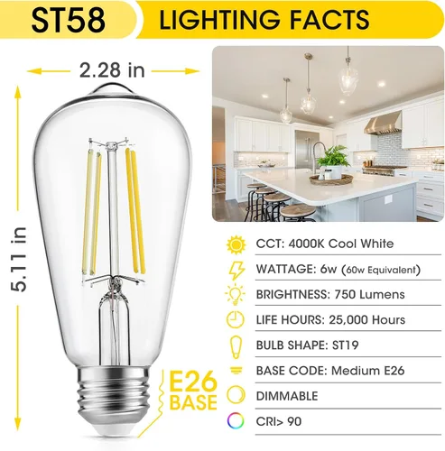 Miniatura 2 de Gozelux – Bombillas LED con diseño vintage, rosca Edison, 6 vatios equivalentes a 60 vatios, luz blanca brillante de alta luminosidad 4000K, Blanco