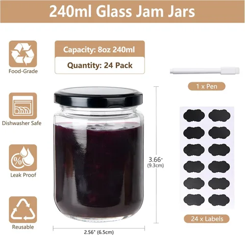 Miniatura 2 de Paquete de 24 tarros de vidrio de 8 onzas con tapas, tarros pequeños transparentes de 8.1 fl oz con 24 calcomanías, tarro reutilizable