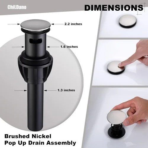 Miniatura 3 de Grifo de baño extendido con desagüe de lavabo y manguera de suministro, grifo de níquel cepillado de 3 orificios para lavabo de baño, grifo de baño