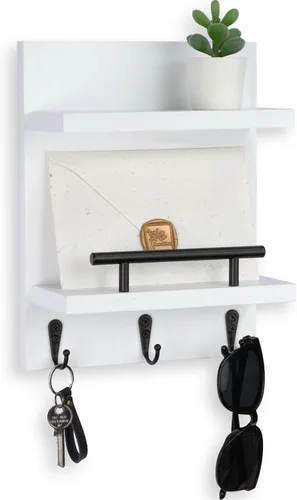 Miniatura 11 de Soporte de pared para llaves, decoración de estante de correo con 3 ganchos para llaves, organizador de pared de madera versátil para entrada