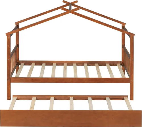 Miniatura 4 de Cama individual de casa con nido para niños, cama individual de madera con techo, marco de cama de plataforma de tamaño individual, cama con dosel