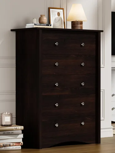 Flamaker Cómoda alta para dormitorio, cómoda de 5 cajones, cómoda de madera, cómoda ancha, cajones de almacenamiento, organizador de almacenamiento