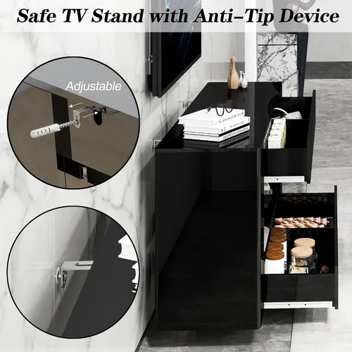 Miniatura 6 de Mueble de TV de alto brillo con 2 cajones grandes y puertas abiertas, moderno mueble de almacenamiento para consola de TV para sala de estar, Negro