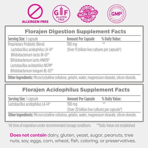 Miniatura 6 de Florajen Probiótico Acidophilus - Potencia extra alta para la salud intestinal, vaginal e inmunológica - Alivio de la hinchazón y el estreñimiento