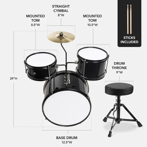 Miniatura 2 de Best Choice Products Juego de batería para principiantes de 3 piezas para niños y jóvenes, con taburete de trono, platillo, baquetas, pedal de Negro