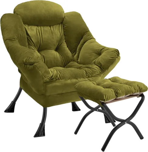 Miniatura 15 de Silla perezosa con otomana plegable, sofá de ocio, sillón de tela suave con reposabrazos y bolsillos laterales, silla de lectura con reposapiés