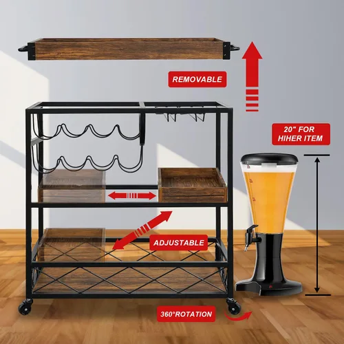 Miniatura 6 de Carrito de bar para el hogar, carrito de servicio industrial de 3 neumáticos con ruedas bloqueables, carrito de bebidas alcohólicas con 2 bandejas