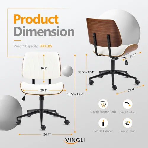 Miniatura 2 de VINGLI Silla de oficina en casa sin brazos y respaldo curvos anchos, silla de escritorio Ergoromic de altura ajustable, función giratoria e Blanco