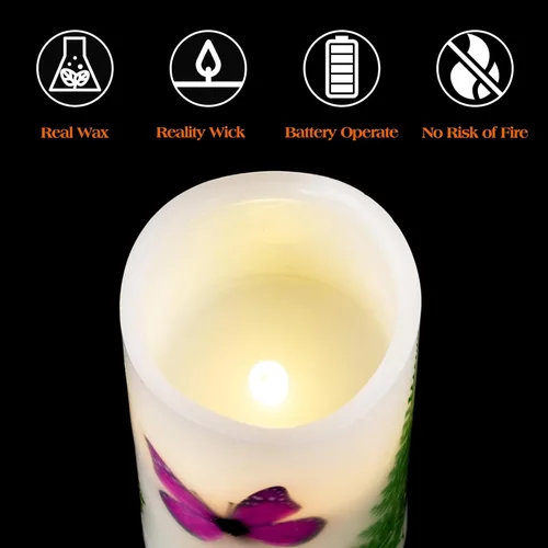 Miniatura 6 de Velas LED sin llama, funciona con pilas, con temporizador remoto, 6 pulgadas, decoración de mariposas y plantas, velas eléctricas de cera real, 12