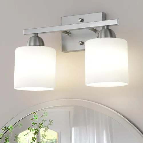 Mecgirn Luces de tocador de vidrio de leche de acero inoxidable para baño, 2 lámparas de baño de níquel cepillado sobre espejo, enchufes E26 de