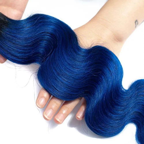 Miniatura 5 de Paquetes de cabello humano ondulado azul de dos tonos de raíces negras a azules, paquetes de cabello humano brasileño 1B/azul, paquetes de cabello