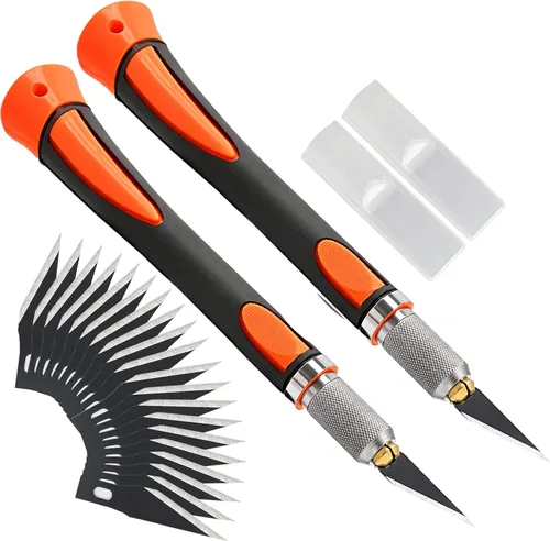 Miniatura 9 de FOSHIO Juego de 2 cuchillos de precisión para manualidades con 20 cuchillas de repuesto, mango ergonómico antideslizante con cubierta protectora