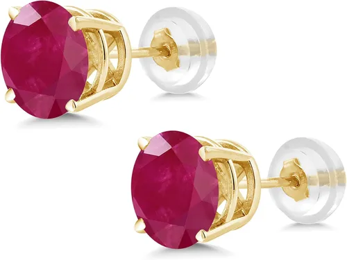 Miniatura 3 de Gem Stone King Pendientes de tuerca de oro amarillo de 14 quilates y rojo rubí de 2.00 quilates con piedra natal de piedras preciosas redondas