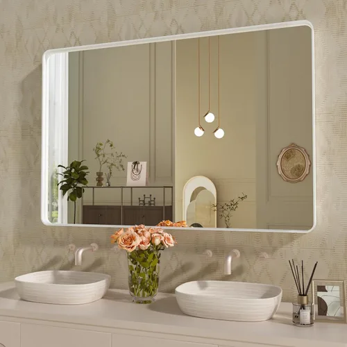 Miniatura 66 de WEER - Espejo de baño dorado, espejo de 40x32 pulgadas con marco de metal dorado cepillado, espejo de tocador de baño de oro para pared