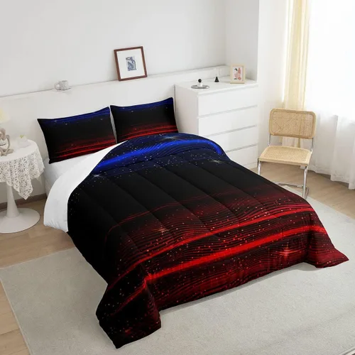 Miniatura 3 de Juego de edredón degradado, juego de ropa de cama con degradado azul, rojo y negro, tamaño King, edredón de plumón con estrellas y cielo estrellado