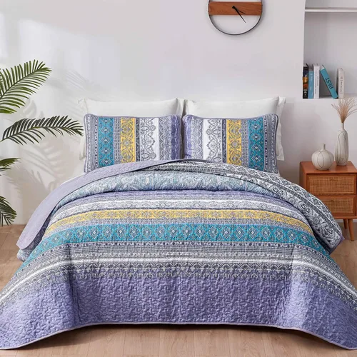 Miniatura 29 de WONGS BEDDING Juego de Colcha Morada Tamaño King, Juego de Colchas Bohemias a Rayas de 3 Piezas, Colcha Ligera de Microfibra para Todas las Púrpura