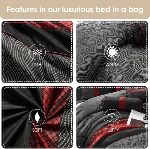 Miniatura 7 de Grand Avenue Juego de edredón rojo y negro tamaño Full, técnica jacquard y flocado, diseño moderno juegos de ropa de cama a rayas para todas