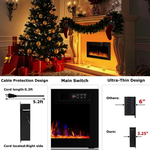 Miniatura 6 de Vitesse Chimenea eléctrica ultrafina de 30 pulgadas, con bisel estrecho, calentador de chimenea lineal empotrado en la pared, control remoto