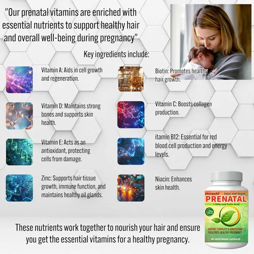 Miniatura 7 de Vitaminas prenatales para mujeres Postnatal Veganas, sin gelatina halal con folato, hierro y biotina Apoya el embarazo, la energía posparto