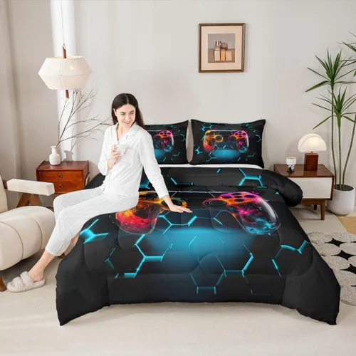 Miniatura 13 de Manfei Juego de edredón moderno de 2 piezas con estampado de consola de videojuegos de panal azul con 1 funda de almohada, juego de ropa de cama