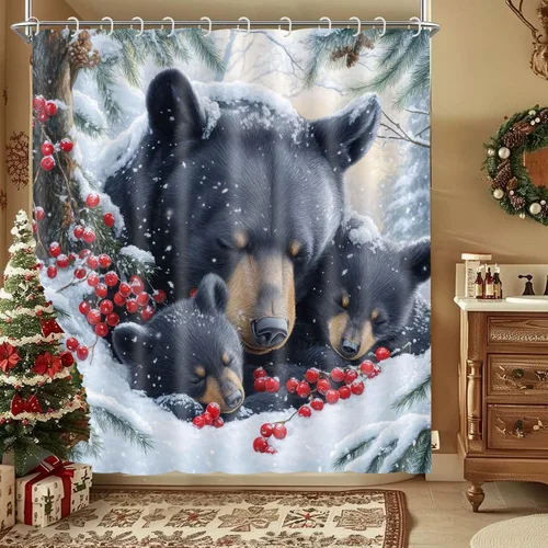 Miniatura 5 de Wathon Cortina de Ducha de Oso Negro de Invierno Escena Nevada Cortina de Baño con Osos Abrazándose Rodeados de Nieve y Bayas Rojas, Decoración