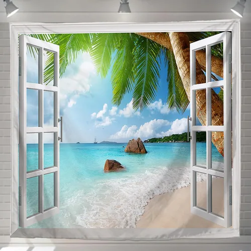 U-SITU, Tapiz, ventanas, paisaje, mar, plantas, hermoso, interior, decoración, carteles de tela, comestibles (tamaño: 39 pulgadas de largo x 39