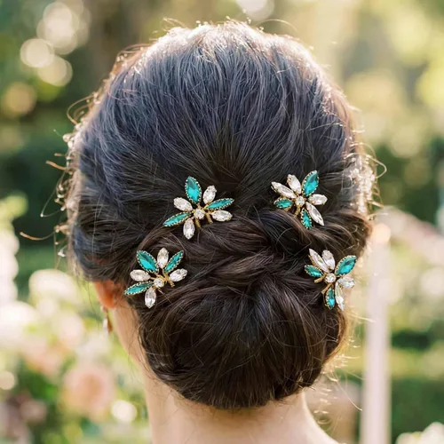 Miniatura 9 de Yokawe Horquillas para el pelo de boda con diamantes de imitación, horquilla de novia con purpurina de cristal verde, elegante tocado formal