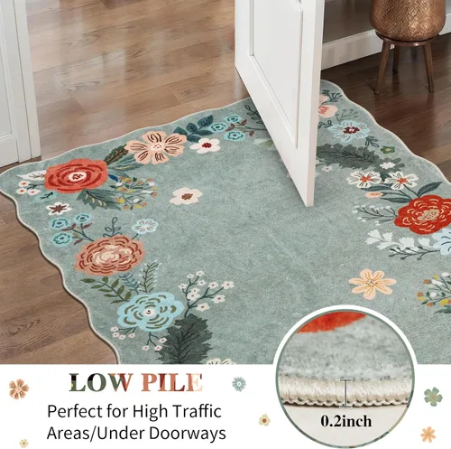 Miniatura 5 de Alfombra Corredora Verde, Alfombras Lavables de 3x10 para Pasillos Antideslizantes, Alfombra de Pelo Bajo Suave con Diseño Floral Boho para Pasillo