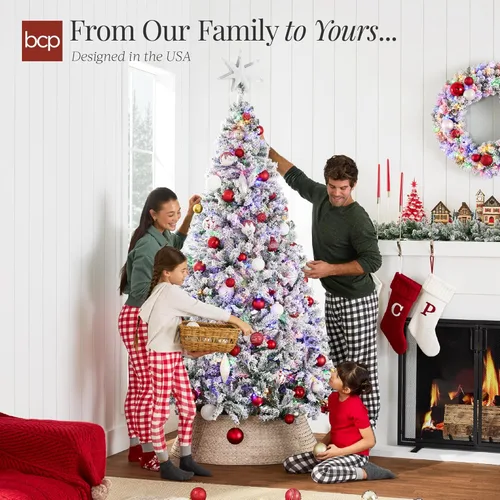 Miniatura 4 de Best Choice Products - Árbol de Navidad artificial preiluminado de pino flocado de 9 pies, 2-en-1, luces LED blancas y multicolor, apariencia Verde