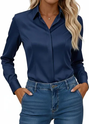 Miniatura 12 de Gleeivy Camisa con botones para mujer, solapa con botones ocultos, ligera, transpirable, resistente a las manchas, manga larga, trabajo e informal