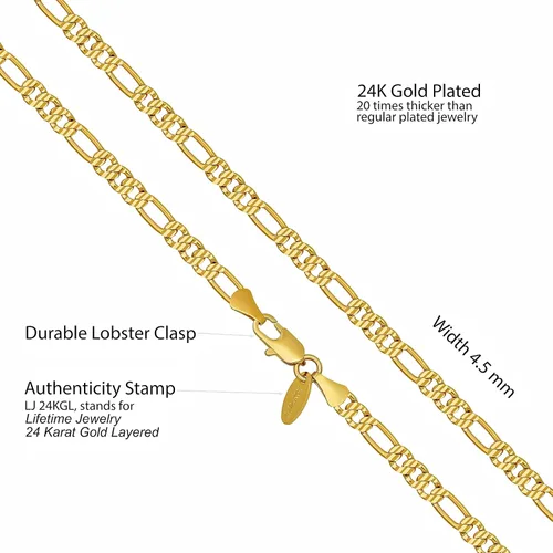 Miniatura 4 de LIFETIME JEWELRY Collares de cadena Figaro con corte de diamante suizo de 0.177 in y 0.236 in, chapado en oro real de 24 quilates