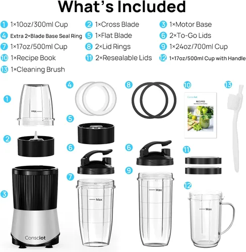 Miniatura 8 de Consciot CB08 Combo de licuadora y molinillo de 16 piezas para cocina y tamaño personal, mezcla batidos y licuados, bebidas congeladas, comida
