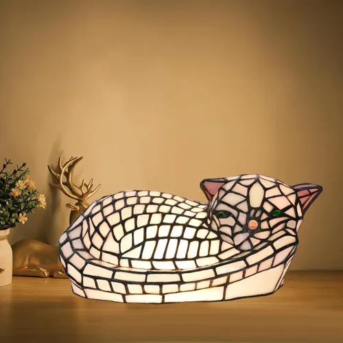 Miniatura 3 de A0013 - Lámpara de mesa estilo Tiffany con diseño de gato dormido, 11.5 pulgadas de largo x 7.125 pulgadas de ancho x 5.5 pulgadas de alto, luz