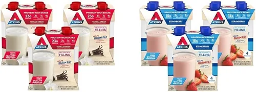 Atkins Batido de proteína de vainilla tamaño comida, 0.81 oz de proteína y fresa batido, 0.57 oz de proteína, bajo glucémico, 0.71 oz de