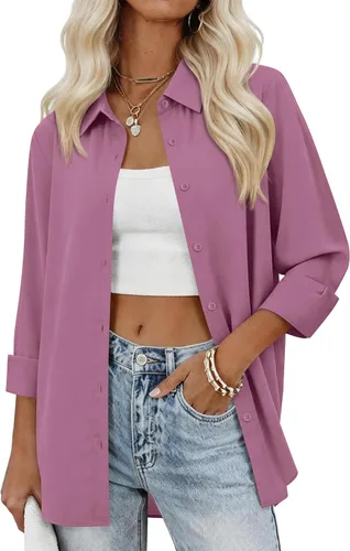 Miniatura 5 de siliteelon Camisas con botones para mujer, camisas de vestir sólidas, de manga larga, cuello fluido, para trabajo, oficina, negocios, blusas de gasa