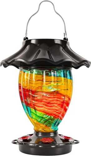 Miniatura 8 de LUJII Comedero solar para colibríes para colgar al aire libre con cambio de color, depósito de vidrio soplado a mano, 32 onzas líquidas, nunca Rojo