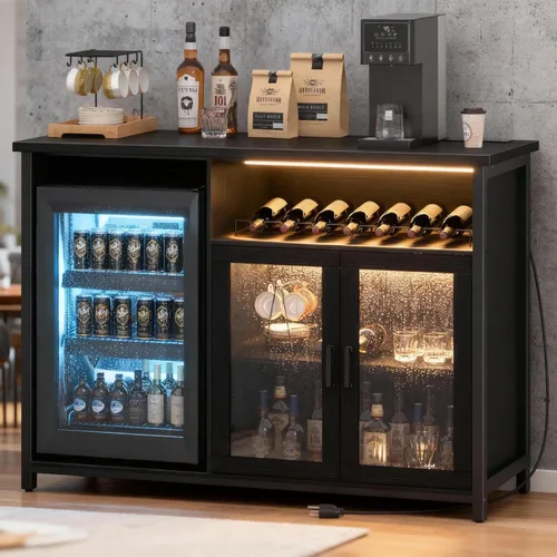 Gabinete de barra de vino con espacio para mini refrigerador, gabinete de barra de café negro y gabinete de licores con estante de almacenamiento,