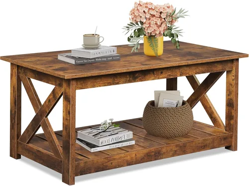 Miniatura 14 de WLIVE Mesa de Centro, Mesa de Centro Estilo Granja de 43" con Estante de Almacenamiento y Soporte Resistente en Forma de V, Mesa Central de Madera