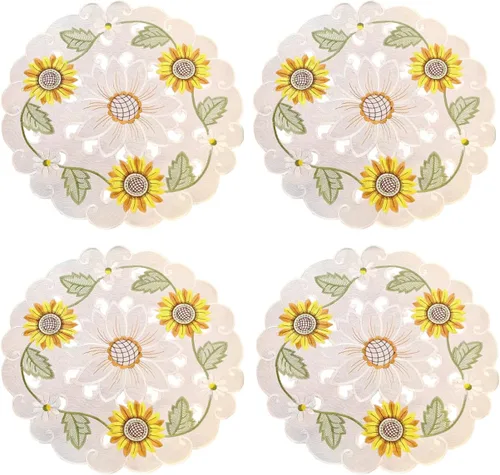Miniatura 10 de LeLehome Juego de 4 manteles individuales redondos bordados con margaritas de primavera, 15 pulgadas, decoración de mesa para el hogar, cocina